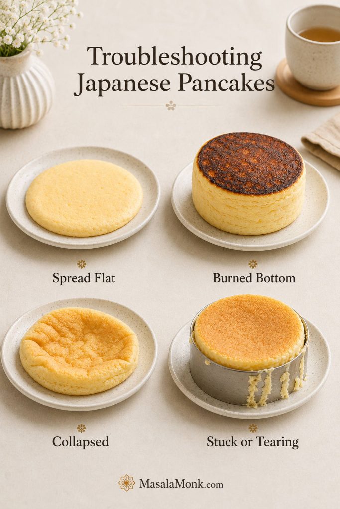 Troubleshooting board showing Japanese pancakes that spread flat, burned on the bottom, collapsed, and stuck to a ring mold.