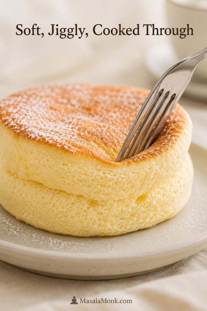 A fork gently pressing into a soft Japanese soufflé pancake to show its springy texture.