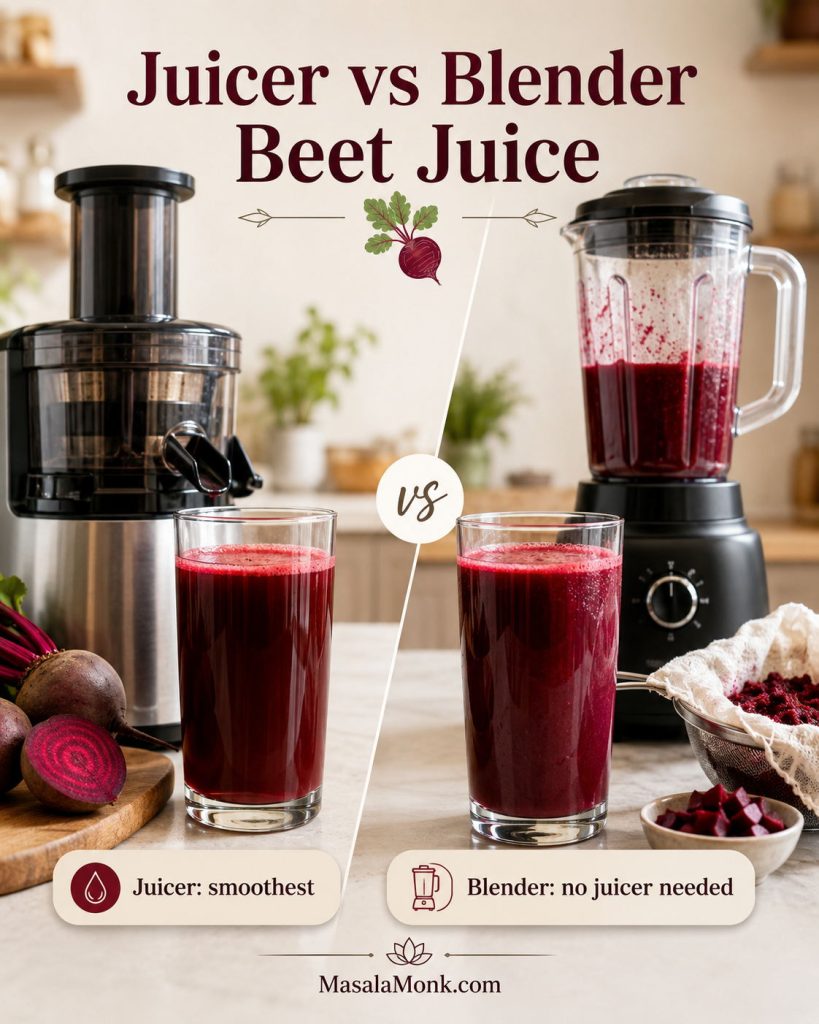 Side-by-side comparison of beet juice made in a juicer and beet juice made in a blender with a strainer nearby.