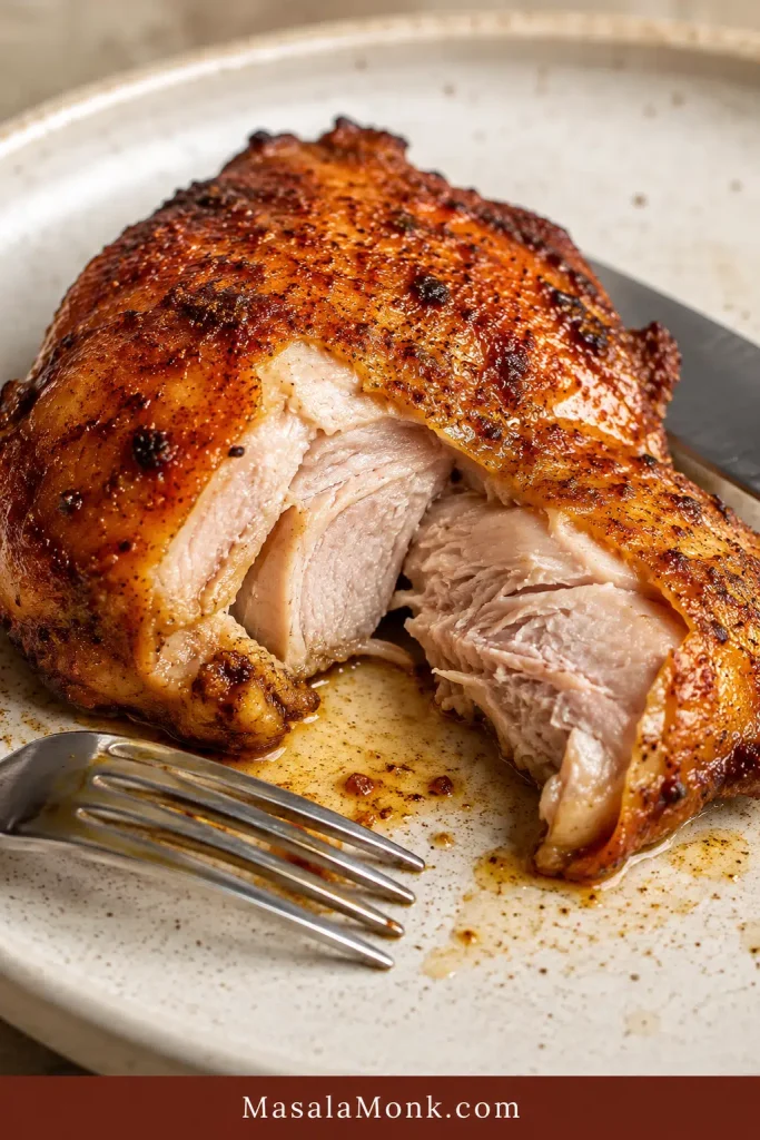 Cut-open air fryer chicken thigh showing crisp browned skin and fully cooked juicy meat inside.