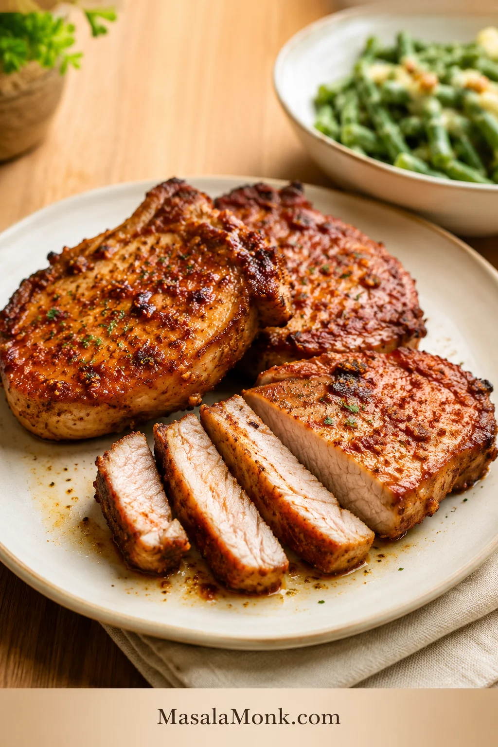No-breading air fryer pork chops on a cream plate, with one pork chop sliced open to show the cooked center.
