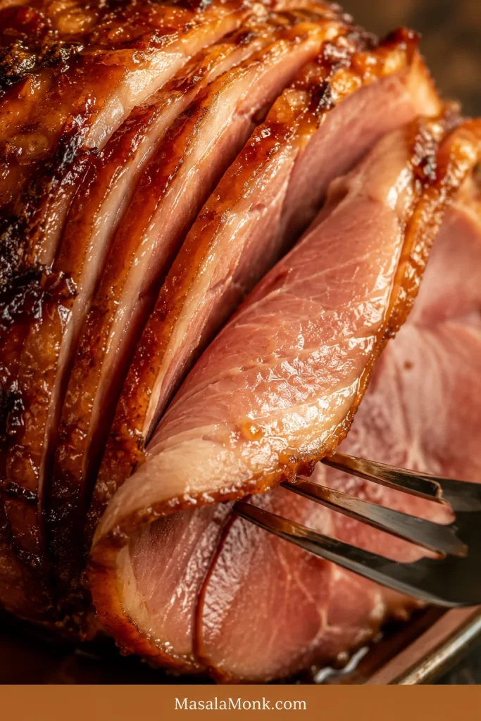 Close-up of juicy spiral ham slices with amber glaze between the layers.
