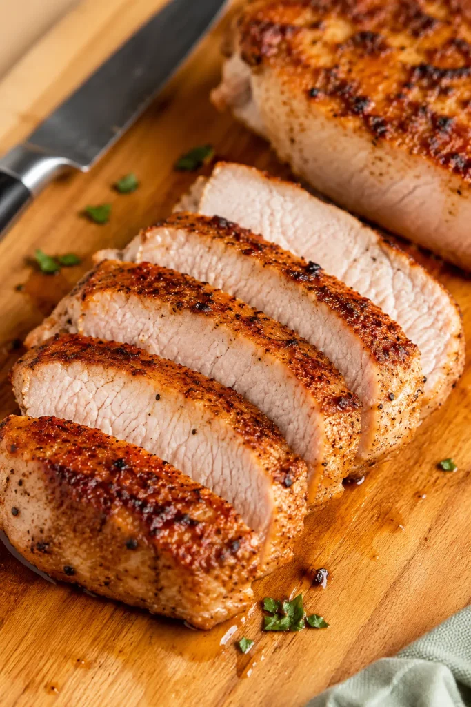 Cooked boneless pork chop sliced into pieces with a moist pale center.