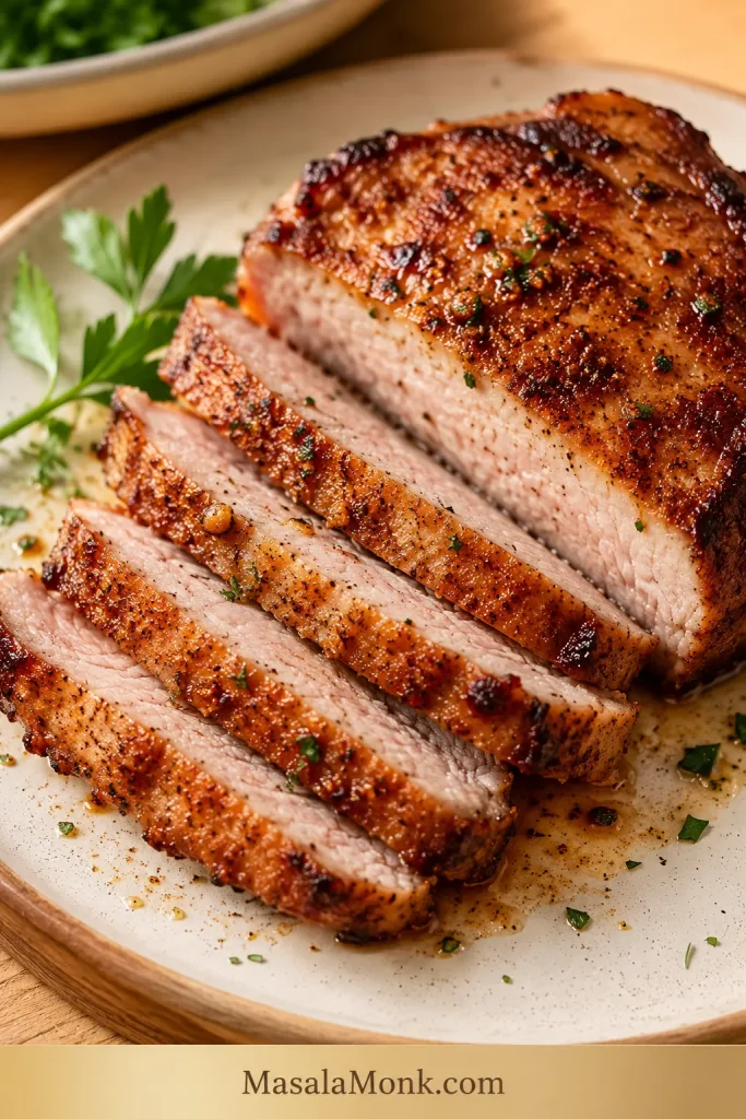 Sliced air fryer pork chop with a browned crust and moist cooked center on a wooden board.