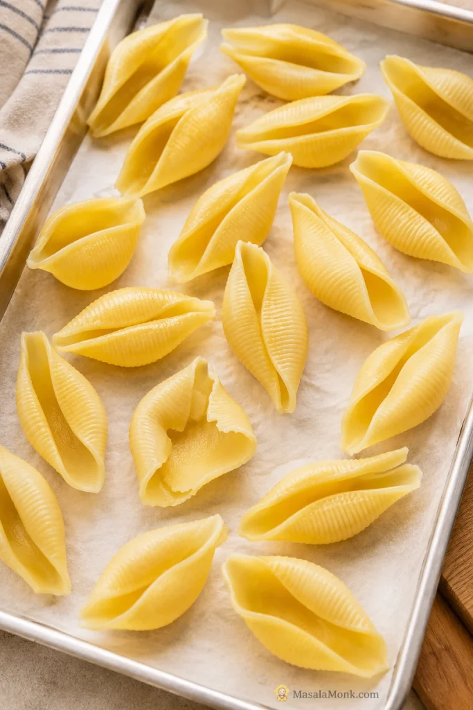 Cooked jumbo pasta shells spread on a tray with one torn shell visible.
