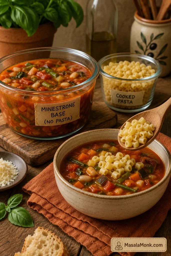 Glass containers showing minestrone soup base stored separately from cooked small pasta, with pasta being added to a serving bowl.