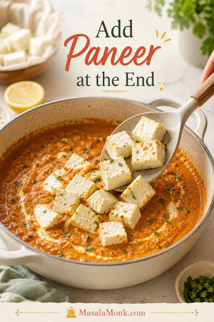 Paneer cubes being gently added to a finished curry with a spoon.