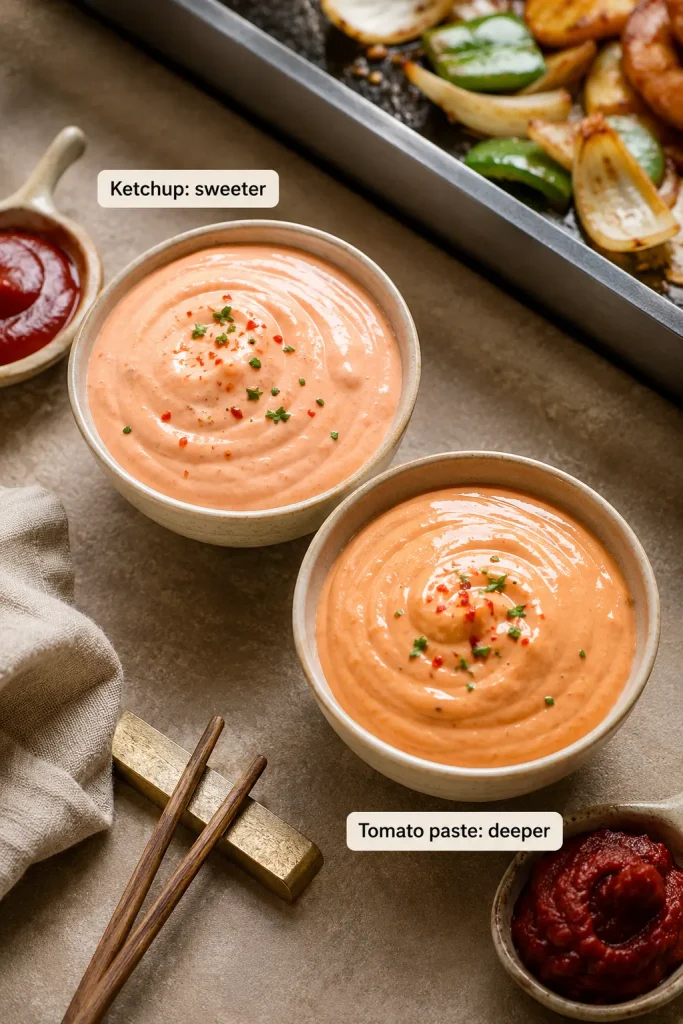 Two bowls of yum yum sauce comparing a lighter ketchup version with a deeper tomato paste version, with ketchup and tomato paste nearby.
