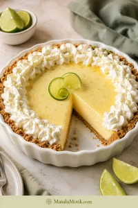 A pale yellow baked key lime pie in an ivory ceramic dish with whipped cream, lime garnish, and one slice removed from a graham cracker crust.