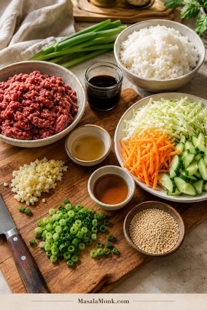 Ground beef, cooked rice, soy sauce, sesame oil, garlic, ginger, scallions, cucumber, carrot, cabbage, and sesame seeds arranged for cooking.