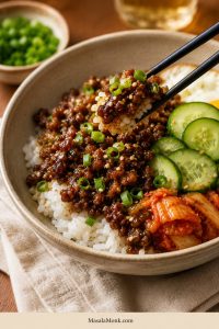 Ceramic bowl of white rice topped with glossy ground beef, sliced cucumber, scallions, sesame seeds, kimchi, and chopsticks lifting a bite.