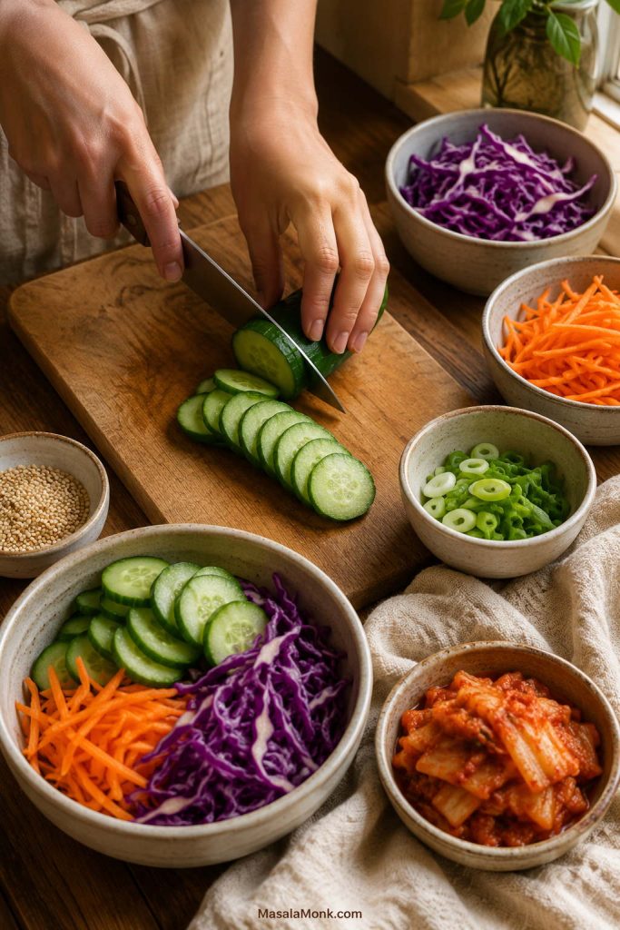 Hands slicing cucumber on a wooden board with shredded cabbage, carrot, scallions, sesame seeds, and kimchi nearby.