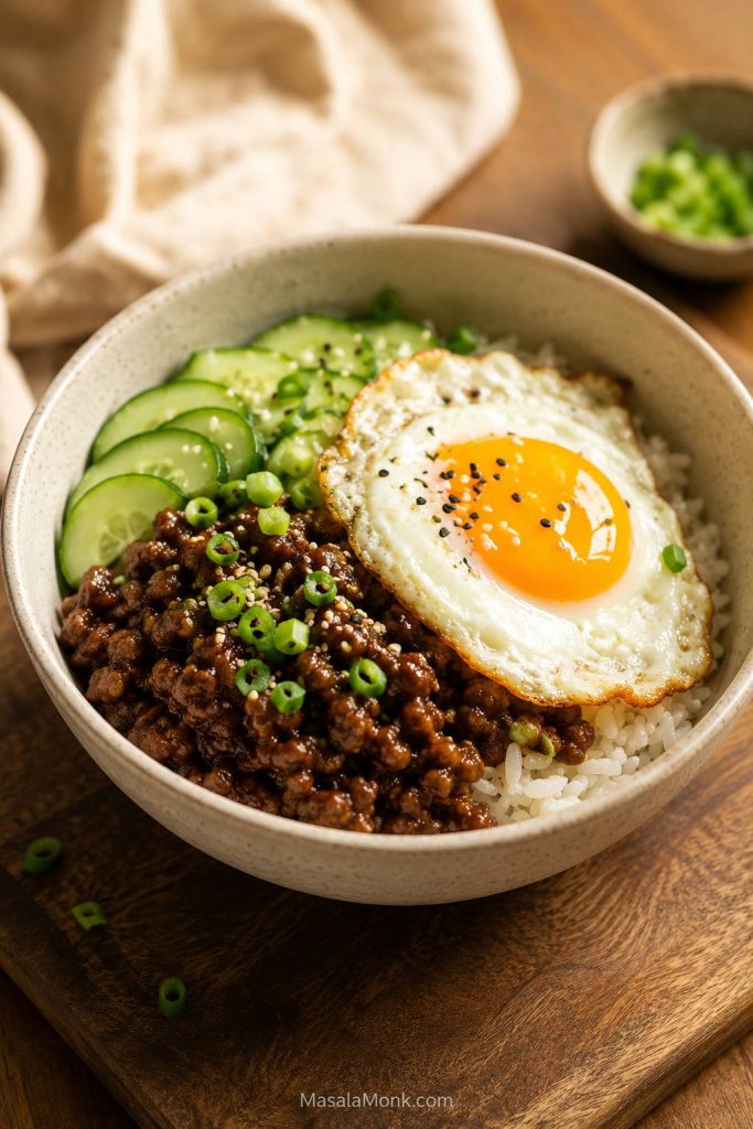 Korean beef rice bowl topped with a fried egg, ground beef, sliced cucumber, scallions, sesame seeds, and white rice.