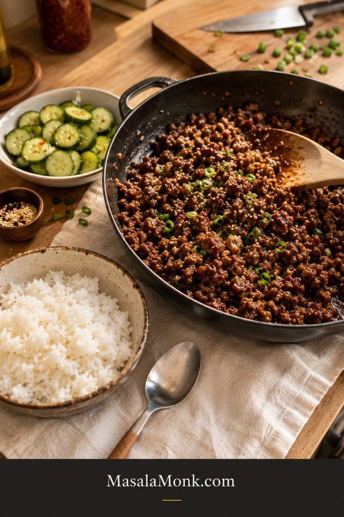 Dark skillet of saucy ground beef beside white rice, sliced cucumber, scallions, and sesame seeds on a warm kitchen counter.