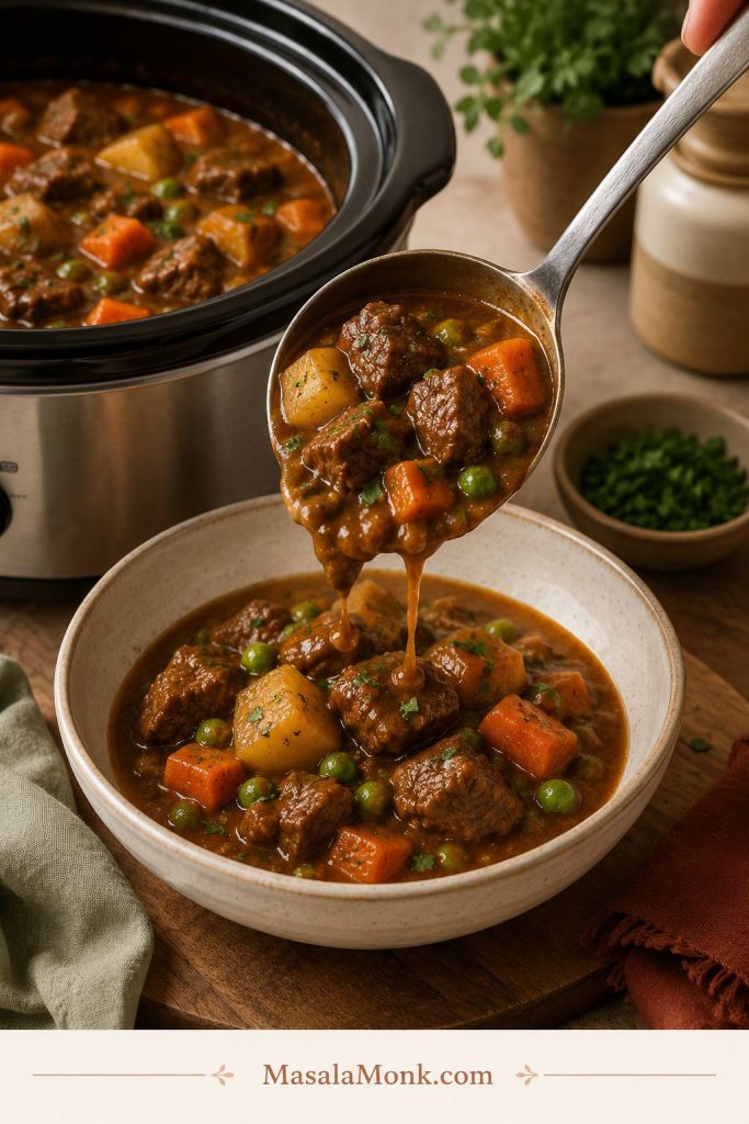 A ladle pouring beef stew with beef, potatoes, carrots, peas, and gravy into a light stoneware bowl.