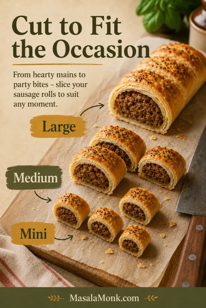 Guide showing large, medium, and mini sausage rolls cut into different sizes.