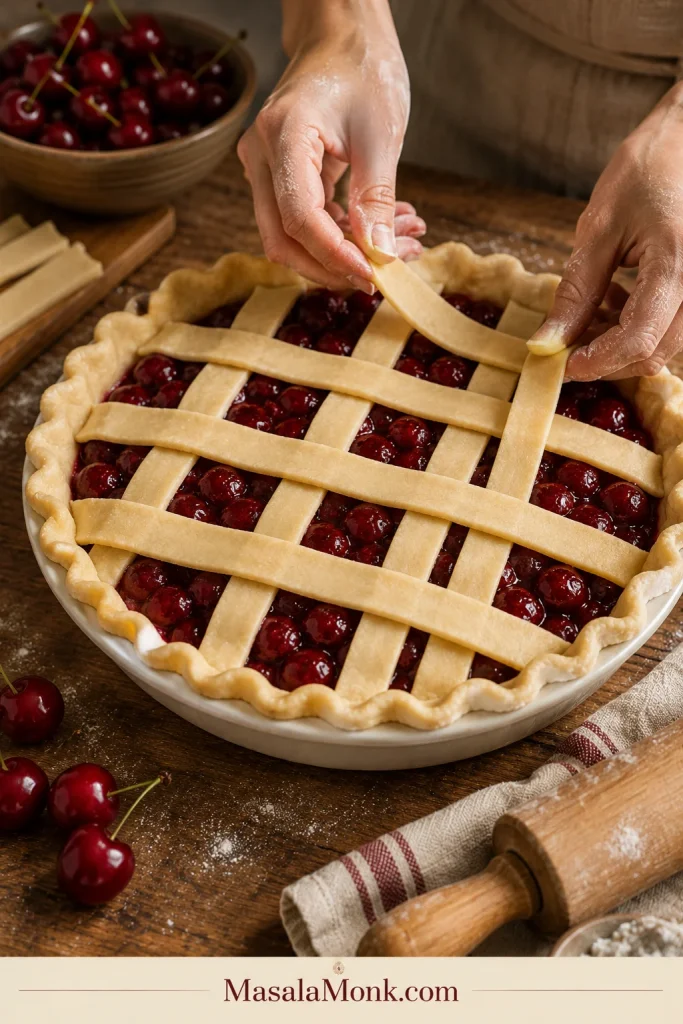 Hands placing strips of pie dough over cherry filling to form a lattice top crust.