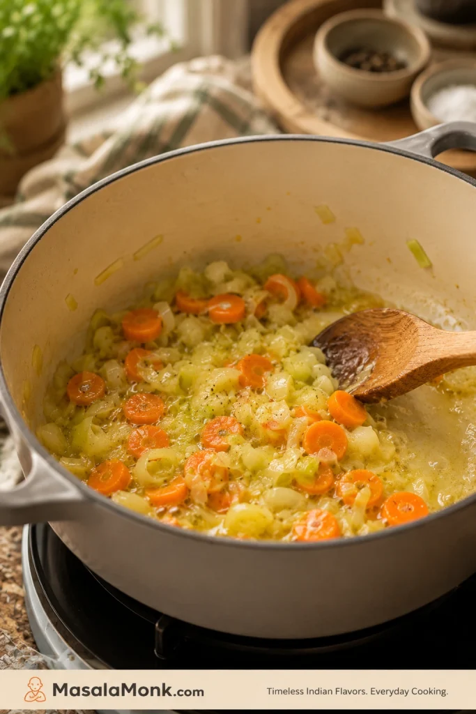 Leek or onion and carrot softening in butter inside a pot before making salmon soup.