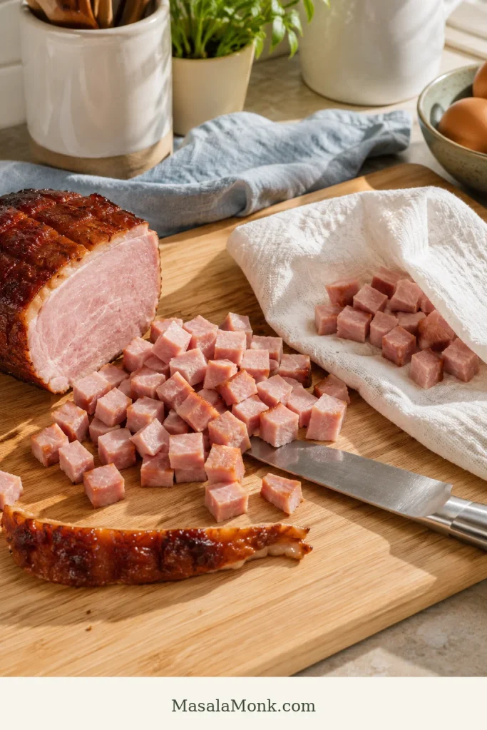 Diced cooked ham on a wooden cutting board with a towel blotting some pieces and a glazed ham edge being trimmed.