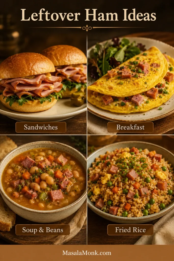 Four-panel leftovers guide showing ham sandwiches, a ham omelet, ham soup with beans, and ham fried rice.
