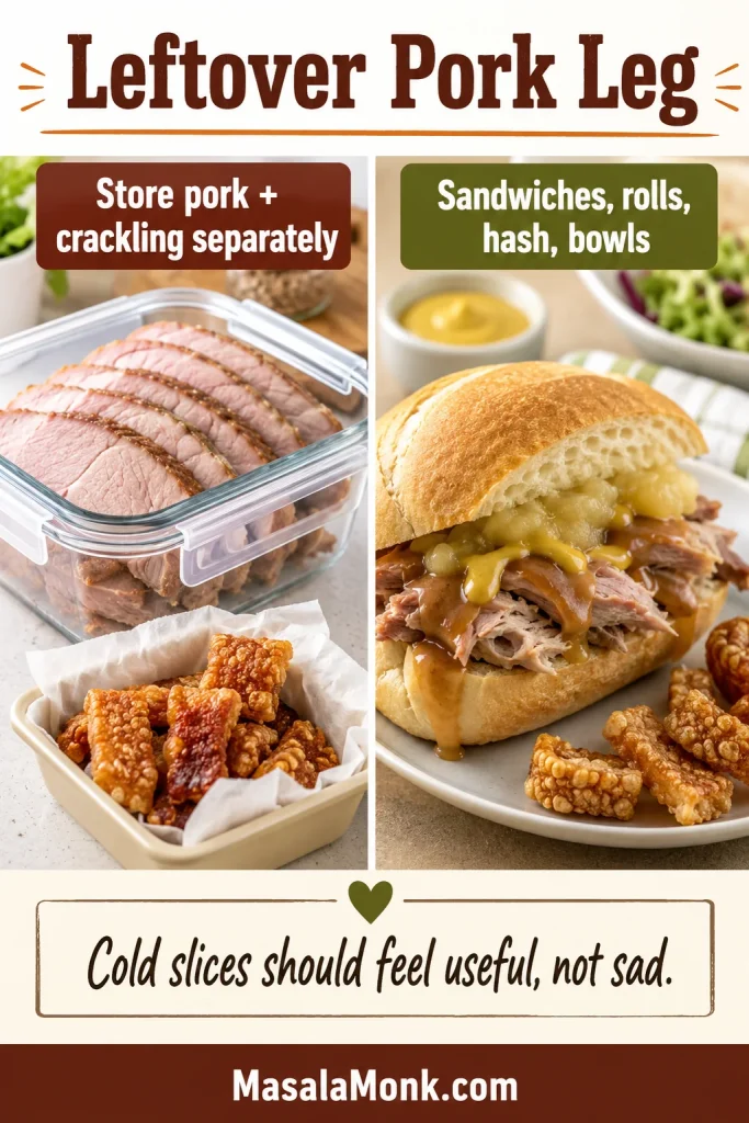 Split image showing sliced leftover pork stored separately from crackling and a roast pork sandwich with sauce and crisp crackling pieces.