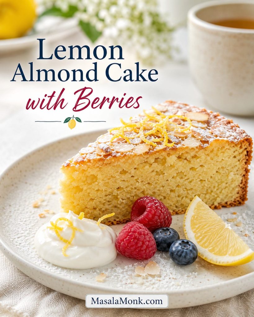 Lemon almond cake slice with berries, cream, lemon zest, and a lemon wedge.