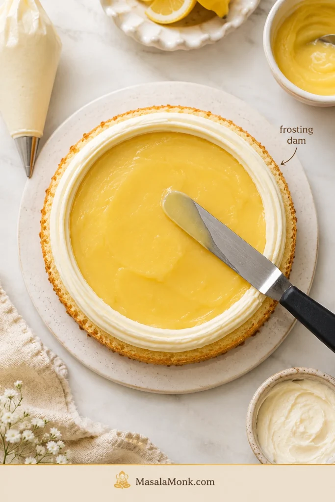 A cake layer filled with lemon curd inside a piped frosting dam, with an offset spatula smoothing the curd.