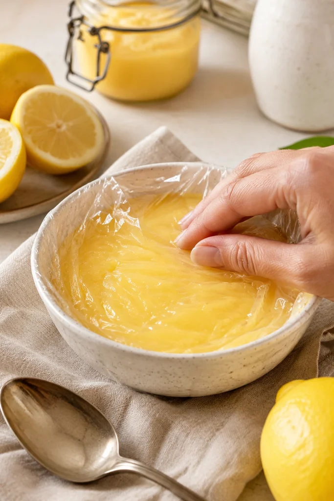 Fresh lemon curd in a bowl covered with plastic wrap pressed directly against the surface.