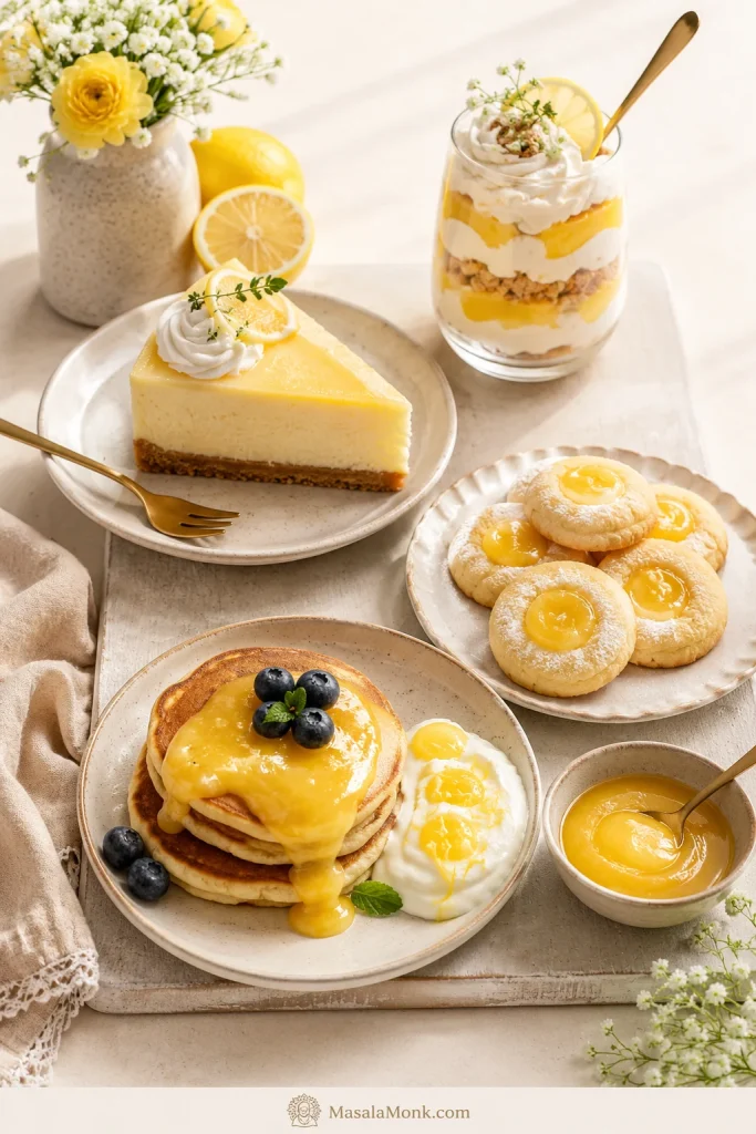 Lemon curd served with cheesecake, thumbprint cookies, a whipped cream parfait, pancakes, and yogurt.
