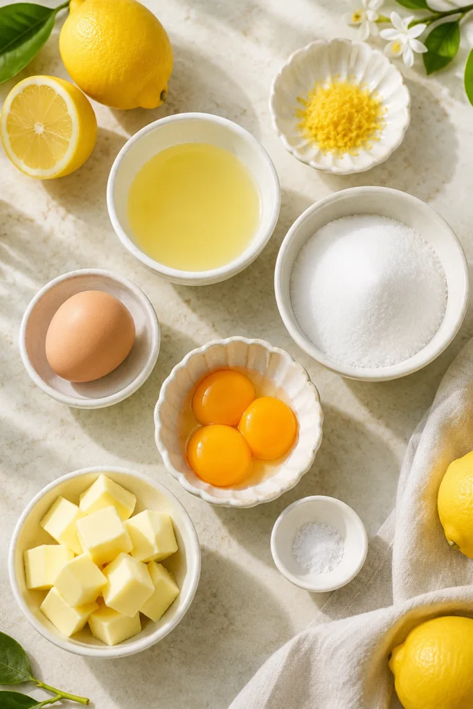 Measured lemon curd ingredients arranged in bowls, including lemon juice, lemon zest, sugar, one whole egg, egg yolks, butter, and salt.
