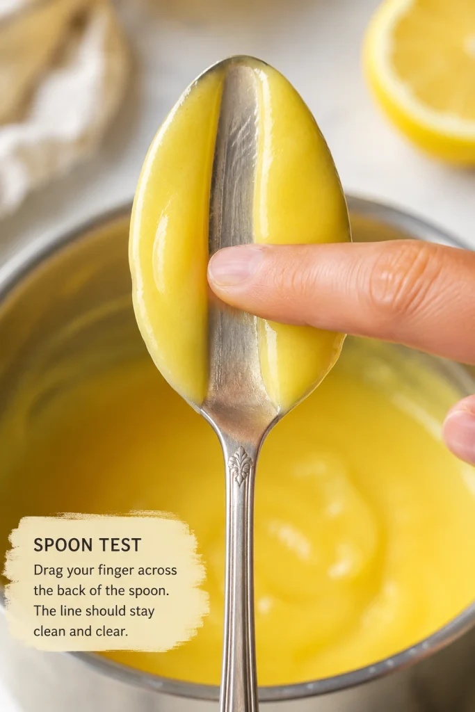 A finger dragging through lemon curd on the back of a spoon, leaving a clean line that holds.