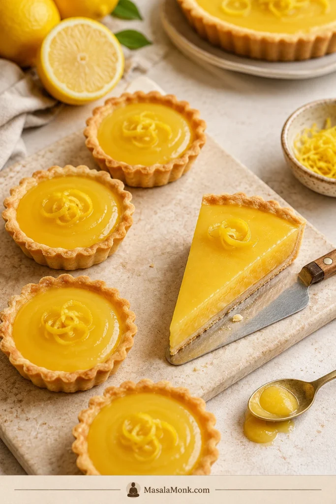 Mini lemon curd tarts and a clean slice of lemon tart with glossy yellow filling on a light stone surface.