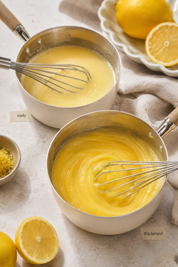 Two pans of lemon curd showing an early thin mixture beside a thicker glossy curd with whisk trails.