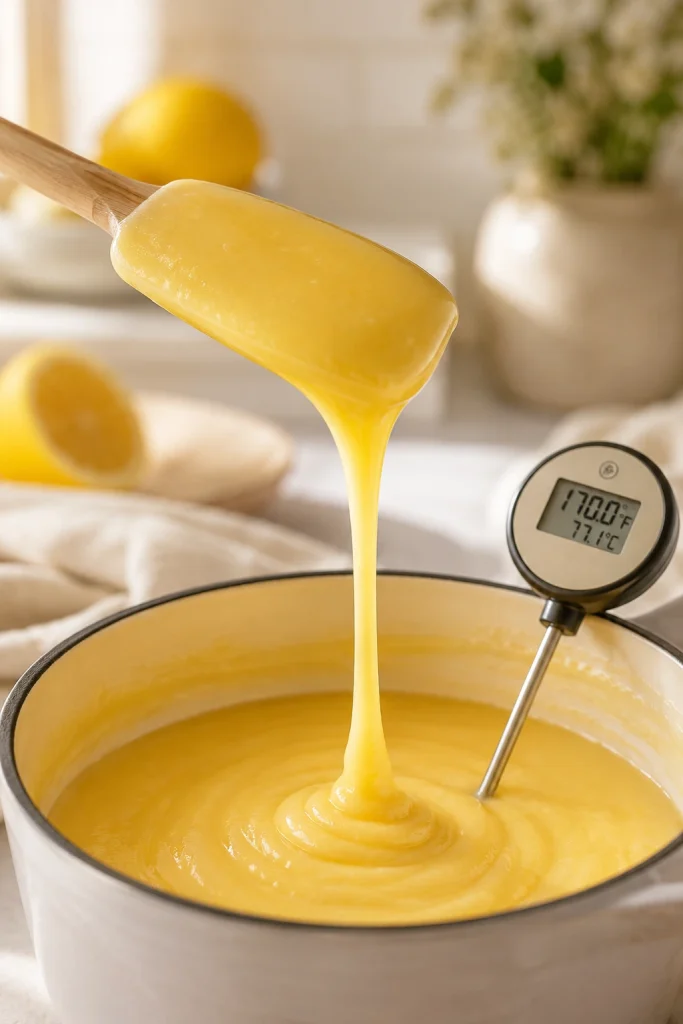Thick lemon curd falling in a ribbon from a spatula while a thermometer in the curd reads about 170 degrees Fahrenheit.