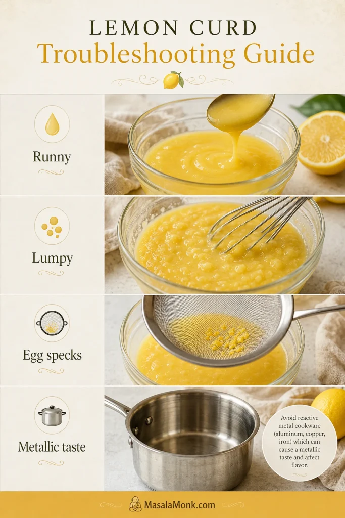 A lemon curd troubleshooting guide showing runny curd, lumpy curd, egg specks in a sieve, and a stainless steel pan for avoiding metallic taste.
