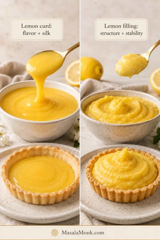 A side-by-side guide comparing smooth lemon curd with thicker lemon filling in bowls and tart shells.