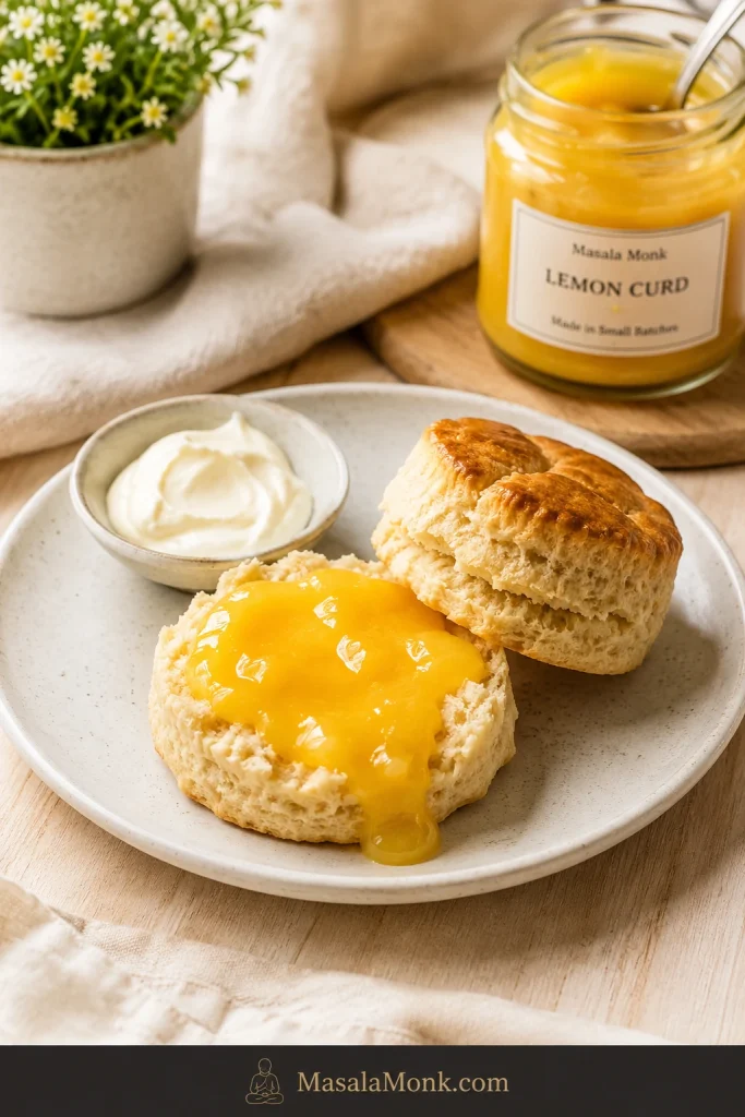 A split English scone topped with soft lemon curd, with cream and a jar of curd nearby.