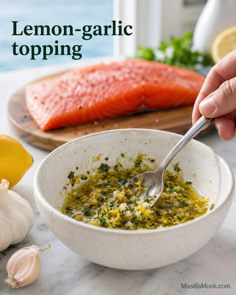 Lemon-garlic herb topping being stirred in a small bowl with sockeye salmon blurred in the background.