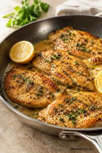 Golden lemon pepper chicken cutlets in a dark skillet with lemon butter sauce, parsley, cracked black pepper, and lemon wedges.