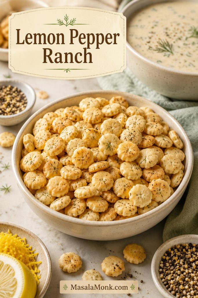 Lemon pepper ranch oyster crackers with lemon zest, lemon slice, pepper seasoning, and creamy soup in the background.