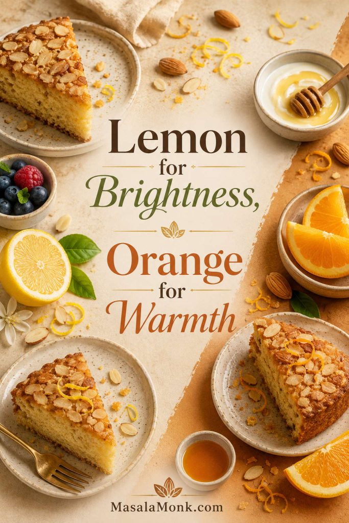 Lemon and orange zest flavor board for almond cake with citrus halves and small cake slices.