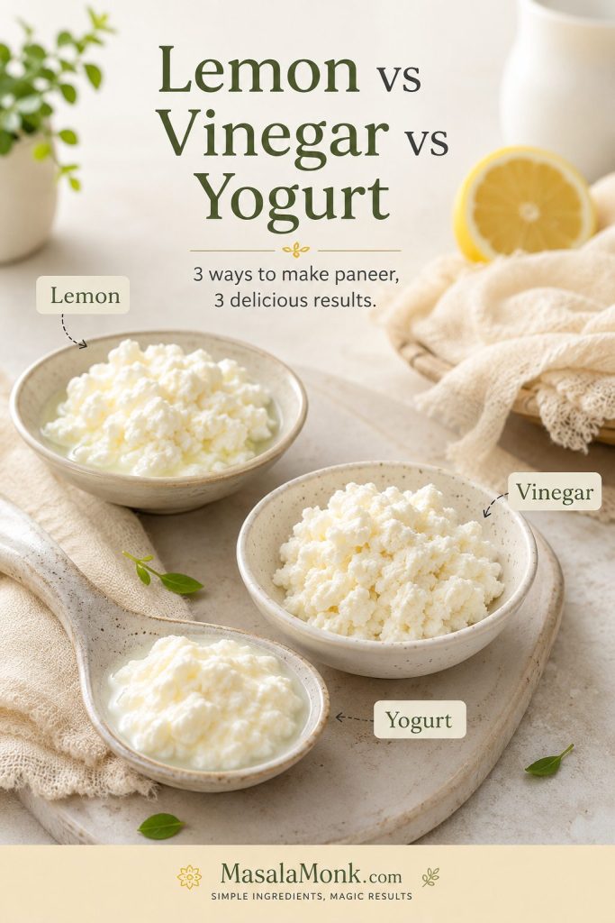 Lemon juice, vinegar, and yogurt shown with small paneer curd samples as acid options.