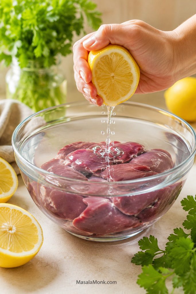 Lemon being squeezed into a clear bowl of water with chicken livers partly submerged.