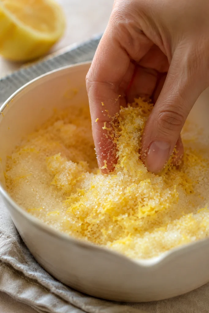 Fingers rubbing finely grated lemon zest into sugar in a bowl before making lemon curd.