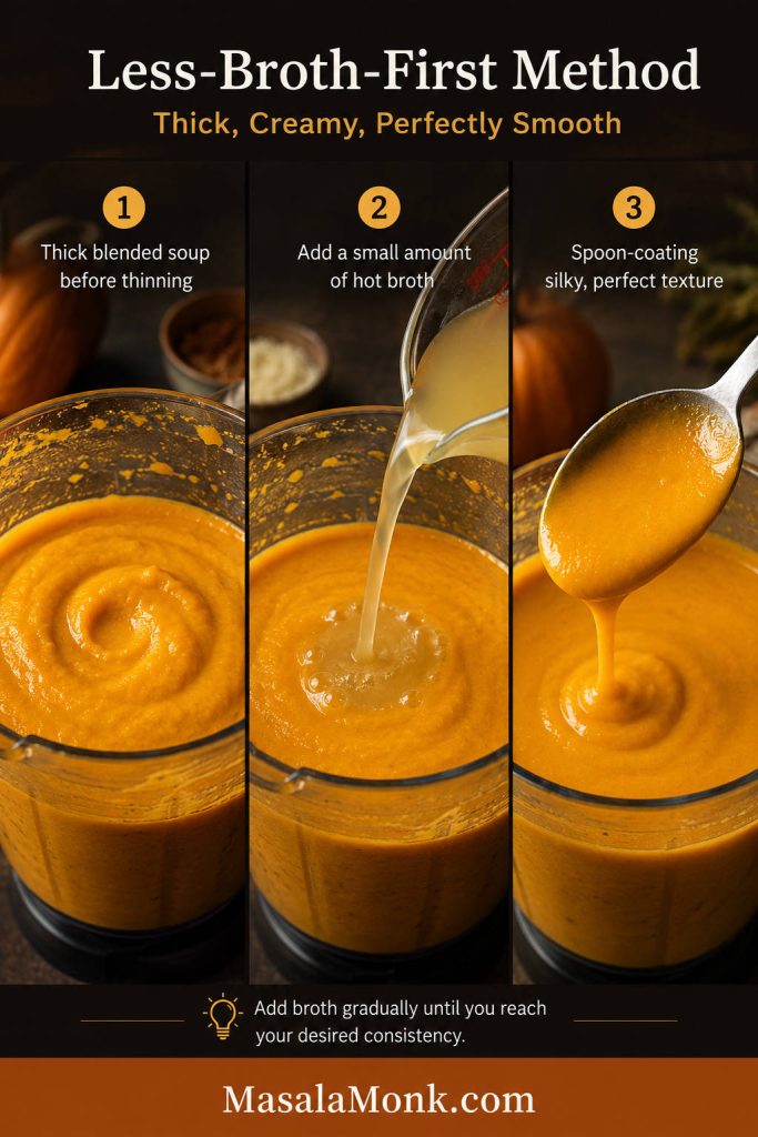 Three-panel guide showing thick blended butternut squash soup, a small amount of broth being added, and a spoonful of smooth soup with spoon-coating texture.