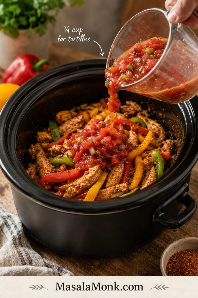 Salsa being poured from a measuring cup into a slow cooker with chicken, bell peppers, onions, garlic, and fajita seasoning.