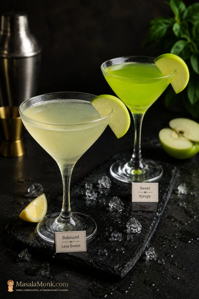 Two Appletini cocktails compared on a dark surface, one pale and balanced and one brighter green and sweeter-looking.