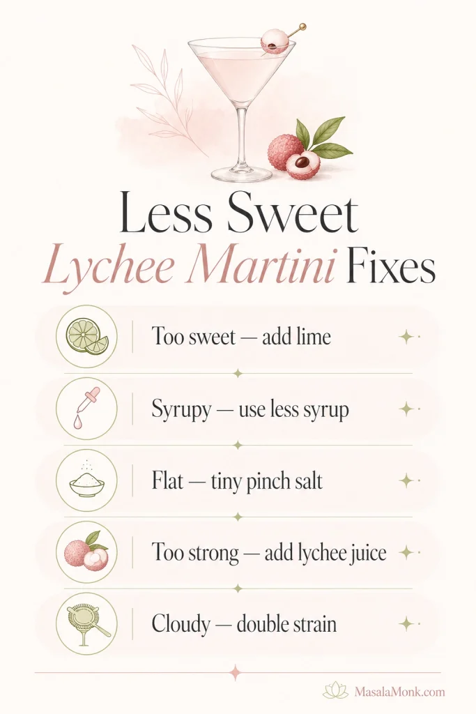 Graphic listing fixes for a lychee martini that is too sweet, syrupy, flat, too strong, or cloudy.