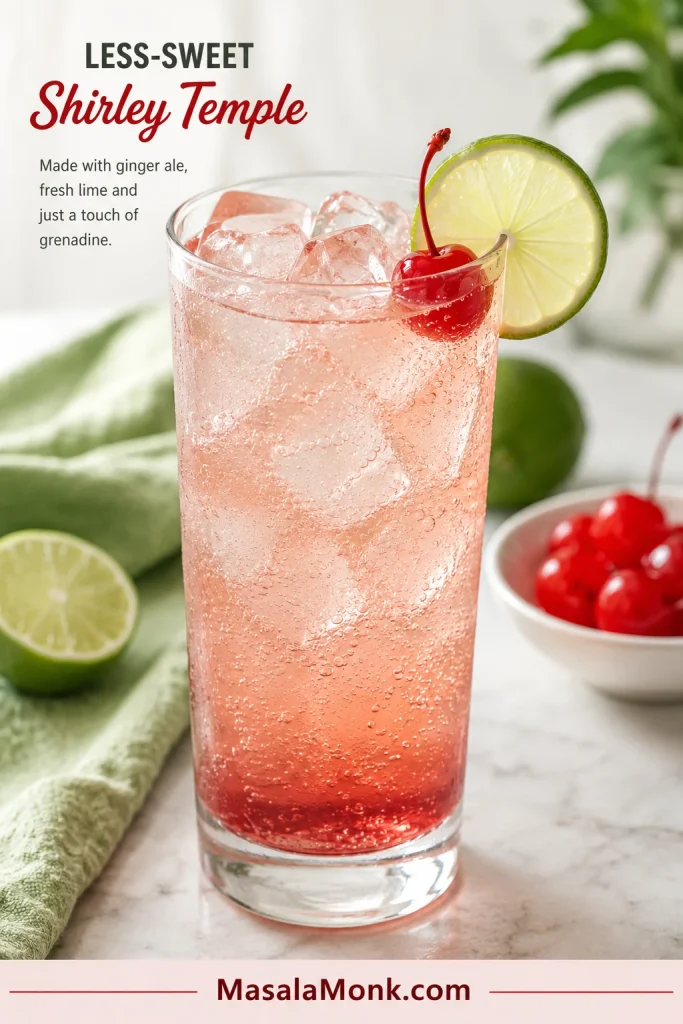 Pale pink less-sweet Shirley Temple with ice, lime, and a maraschino cherry in a clear glass.