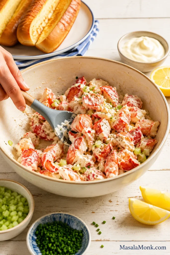 Cooked lobster chunks being folded in a bowl with light mayonnaise dressing, diced celery, chives, lemon, and toasted buns nearby.